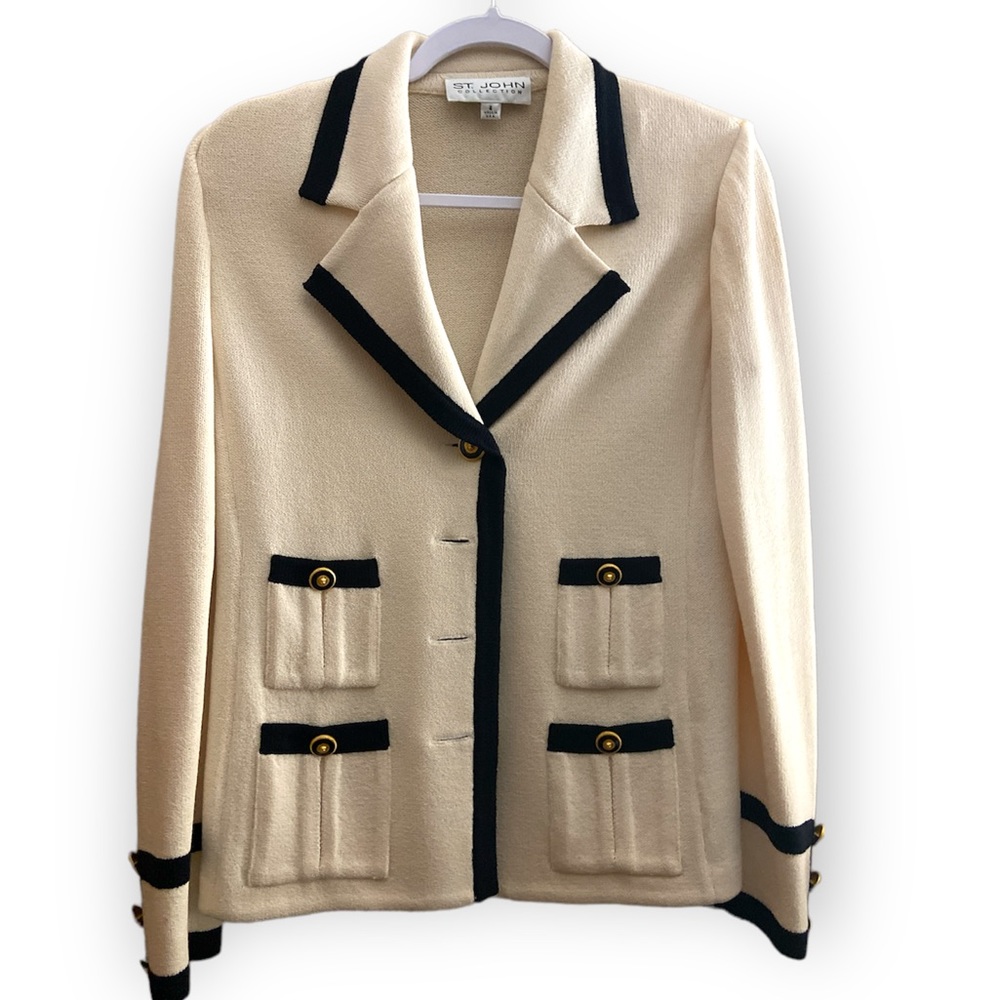 Vintage St John Size 4 Ivory and Black 1990s Santana Knit 90s Blazer
